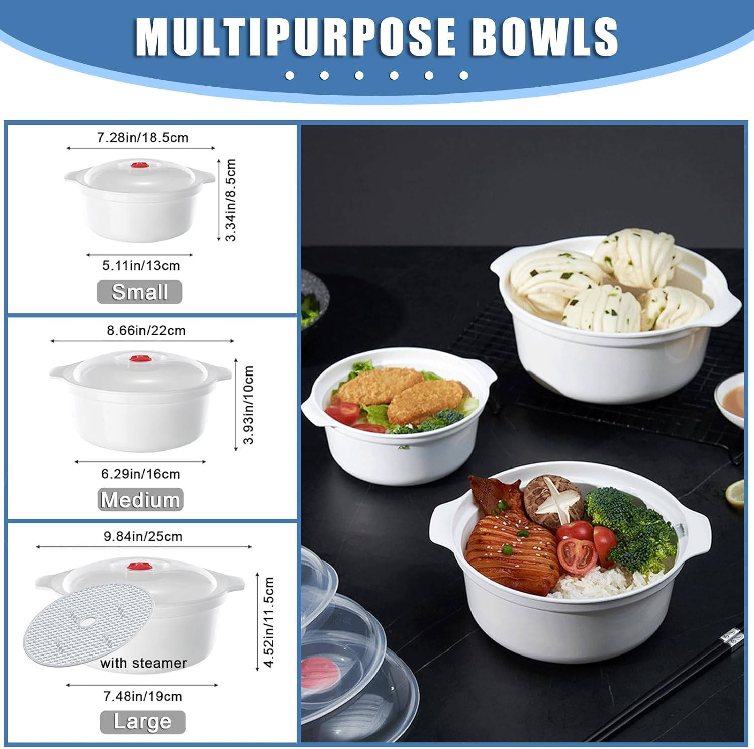 3 Piece Microwave Bowls with Lids Microwave Safe Bowls Microwavable Dishes for Heating Food, Dorm Kitchen Essentials, Cookware Kitchen Supplies, BPA Free