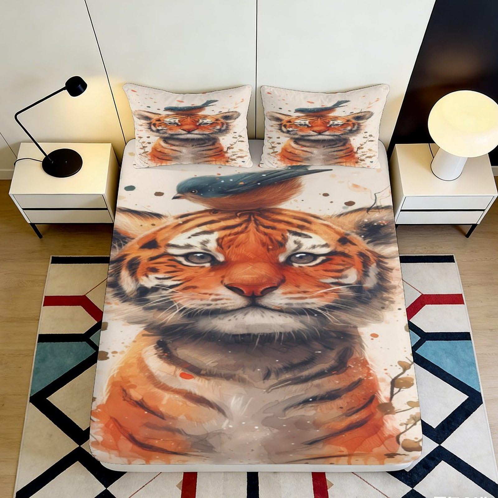 Jqzkxnhpbr Style-3 3D Printed Tiger Pattern Fitted Sheet Microfiber Soft Orange Animal Head Mattress Cover For Bedroom Guest Room Decor 90X200x25cm