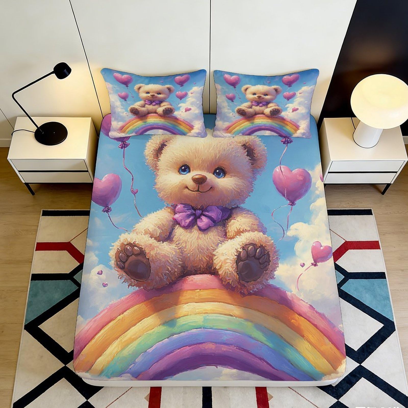 Pnayamiorkfel Style-1 3D Printed Cute Teddy Bear Rainbow Fitted Sheet Microfiber Bedroom Decor Bed Cover For Home Guest Room Dorm 90X200x25cm