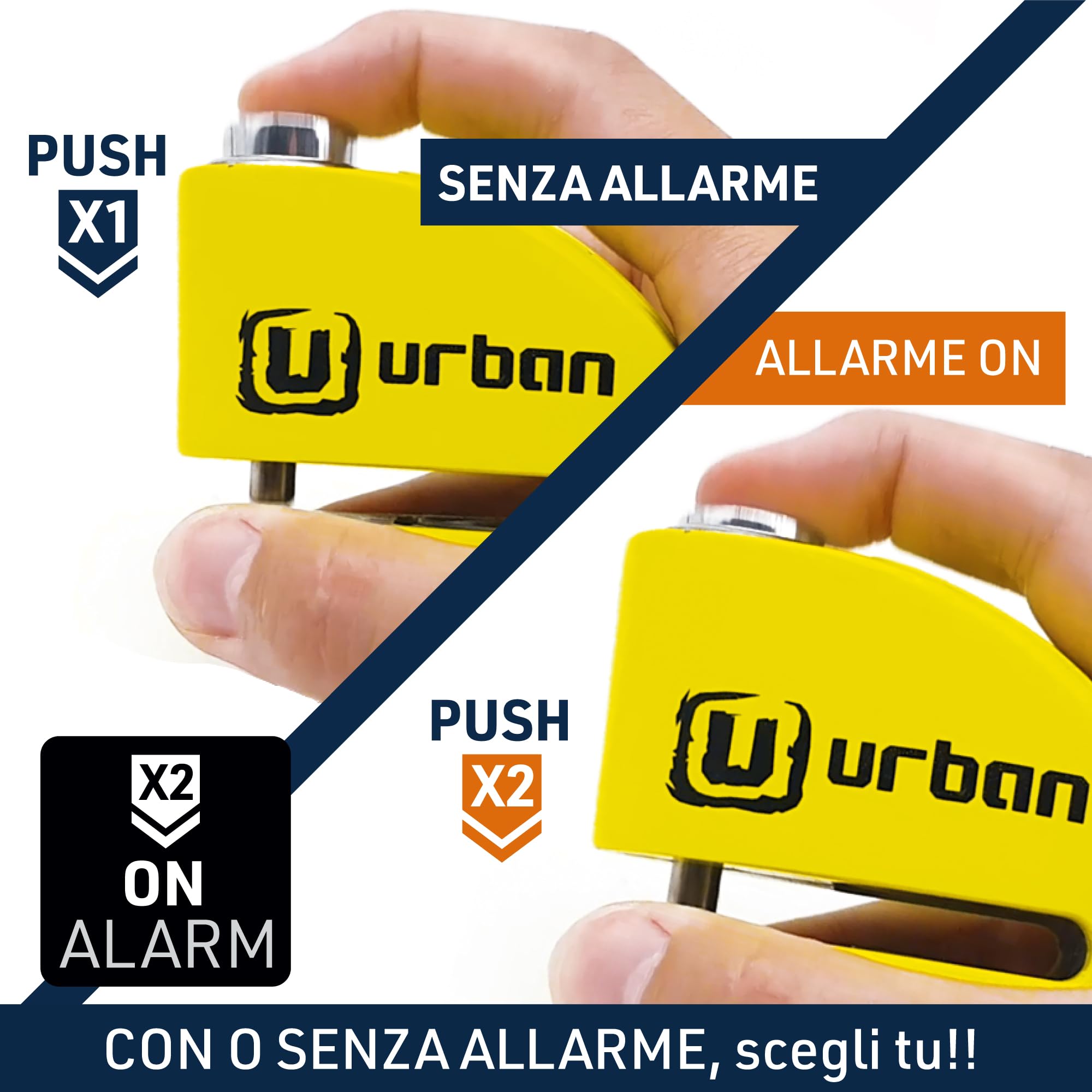 URBAN UR906Y Blocca Disco per Moto con Allarme 120dB Hi-Tech X2 ON, Modulo Impermeabile Sostituibile, Batteria CR2, Cavo Promemoria, Antifurto Bloaccadisco Universale Scooter Biciclette Monopattini