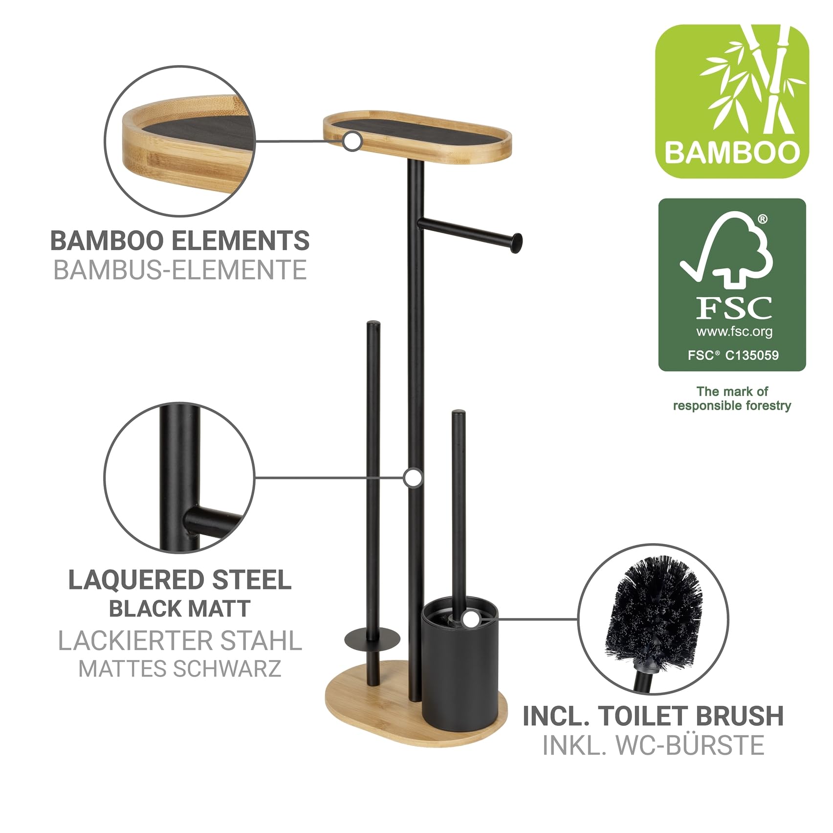 Stand WC-Garnitur Mod. Pomarolo, Bambus, Stahl, Natur/schwarz, 25x70,5x17 cm, inklusive Ablagefläche für Handy