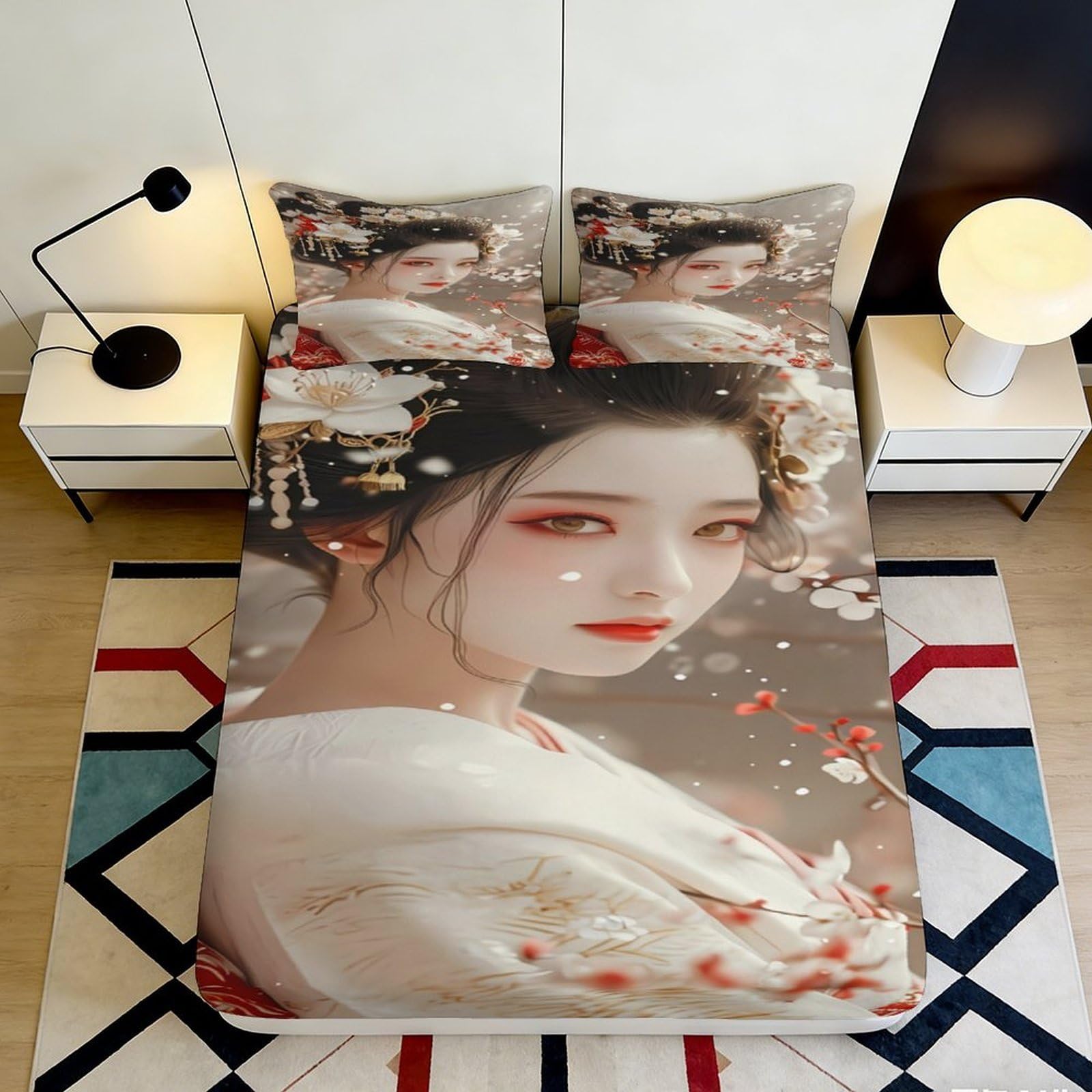3D Printed Oriental Beauty Fitted Sheet Microfiber Soft Slip-Resistant Floral Kimono Mattress Cover for Bedroom Decor 90x200x25cm
