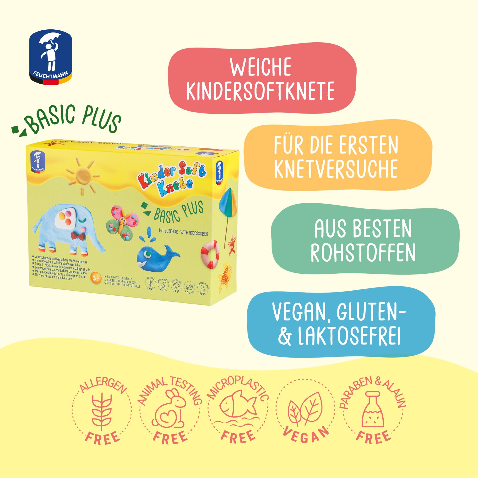 Feuchtmann Kids Soft Knete Basic Plus – 6 x 150 g miękka plastelina dla dzieci z akcesoriami, nietoksyczna, wegańska i bezglutenowa, susząca na powietrzu masa plastelinowa w zestawie do kreatywnej