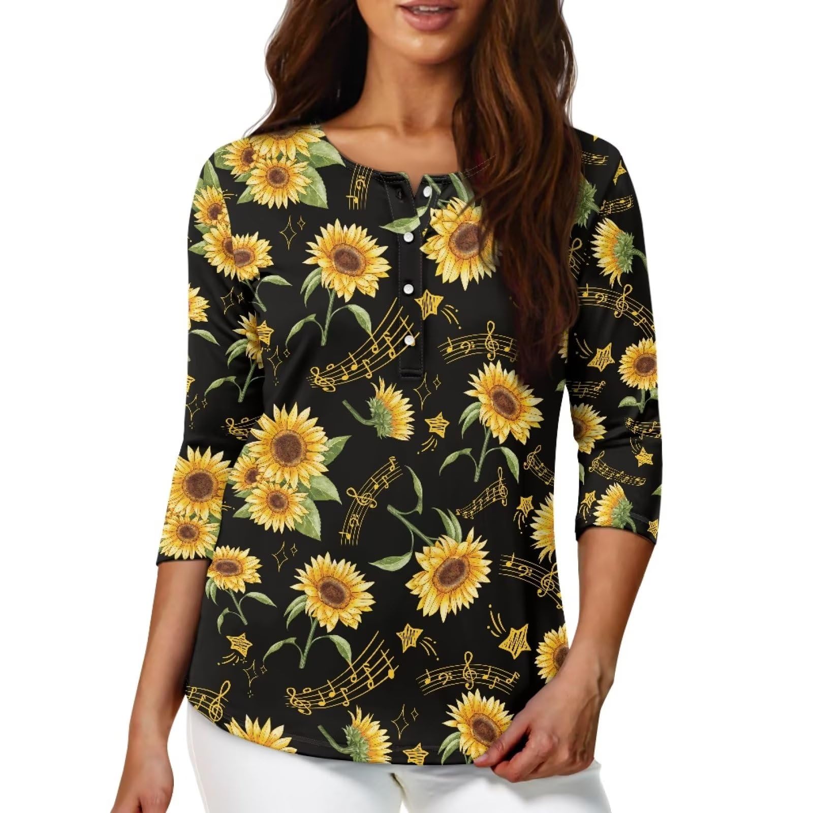 Poceacles Santa Claus Print Womens Tops 3/4 Sleeve Crewneck Button Up Shirts Casual Christmas Tops Three Guarter Length T Shirt Summer Pullover Outfits Workout Yoga Tees, S