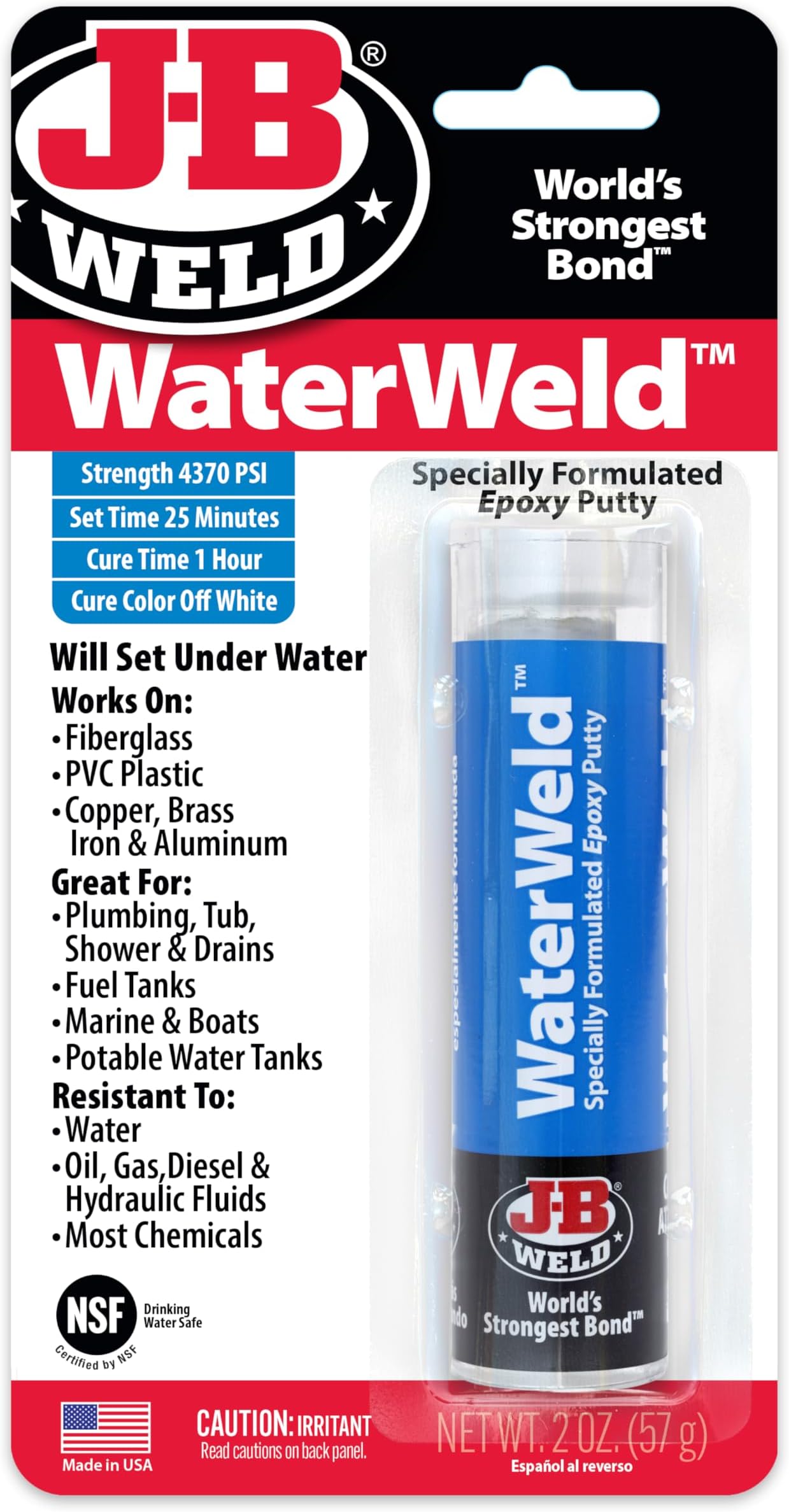 J-B WeldWaterWeld Epoxy Putty Stick Off White, 2 oz. 1 Pack, 8277