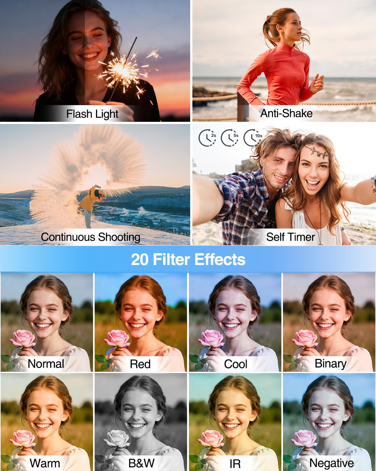 Cámara Digital 4K de 64 MP, Enfoque automático, cámara de Fotos Dual con Tarjeta de 32 GB, Zoom Digital de 16X, cámara Digital compacta con 2 baterías para Principiantes y Adolescentes