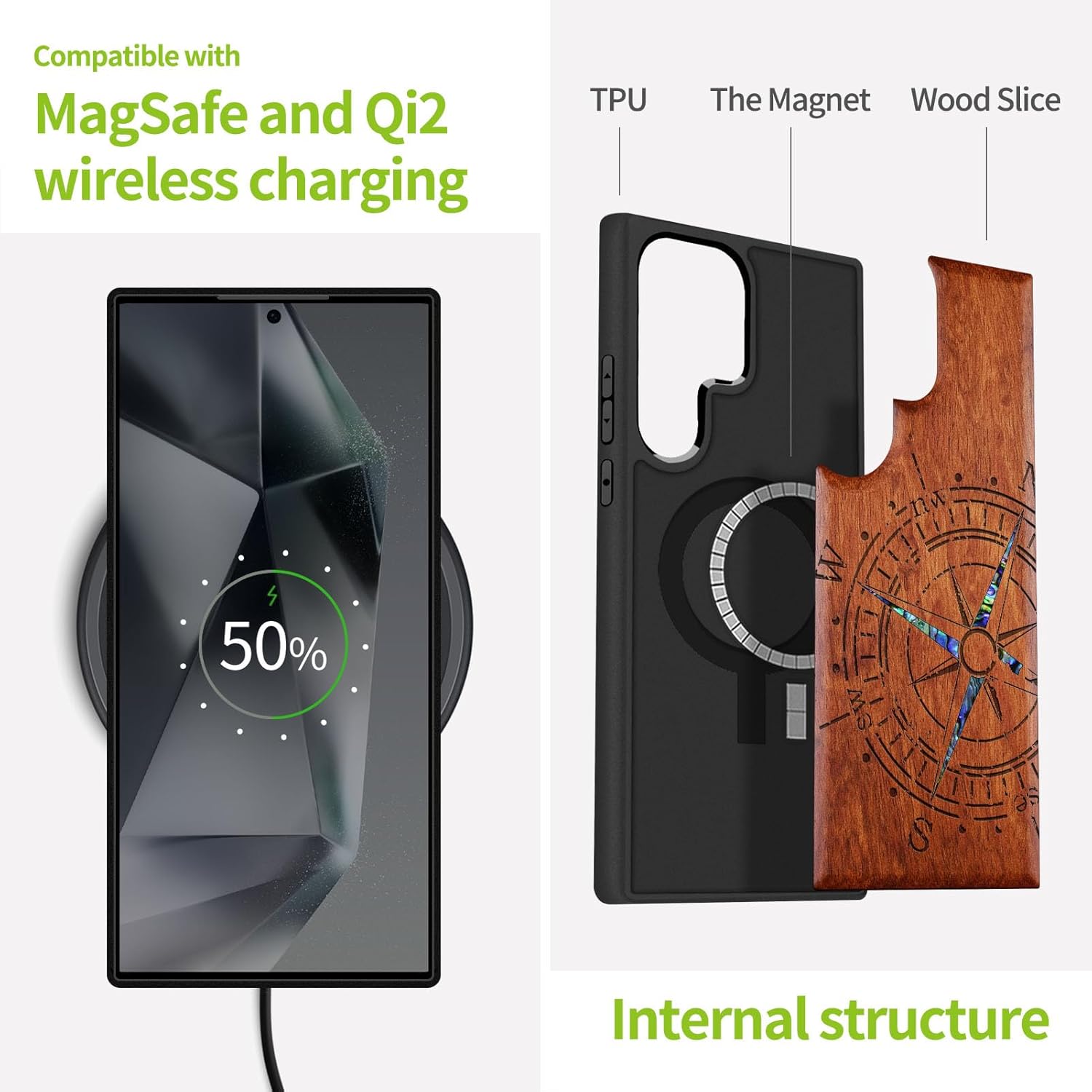 Carveit Magnetic Wooden Case for Samsung Galaxy S25 Ultra Case, Wood Artisan Engraved & Handmade Shell Inlaid, Compatible with MagSafe Wireless Chargers (Incomplete Compass) Rosy