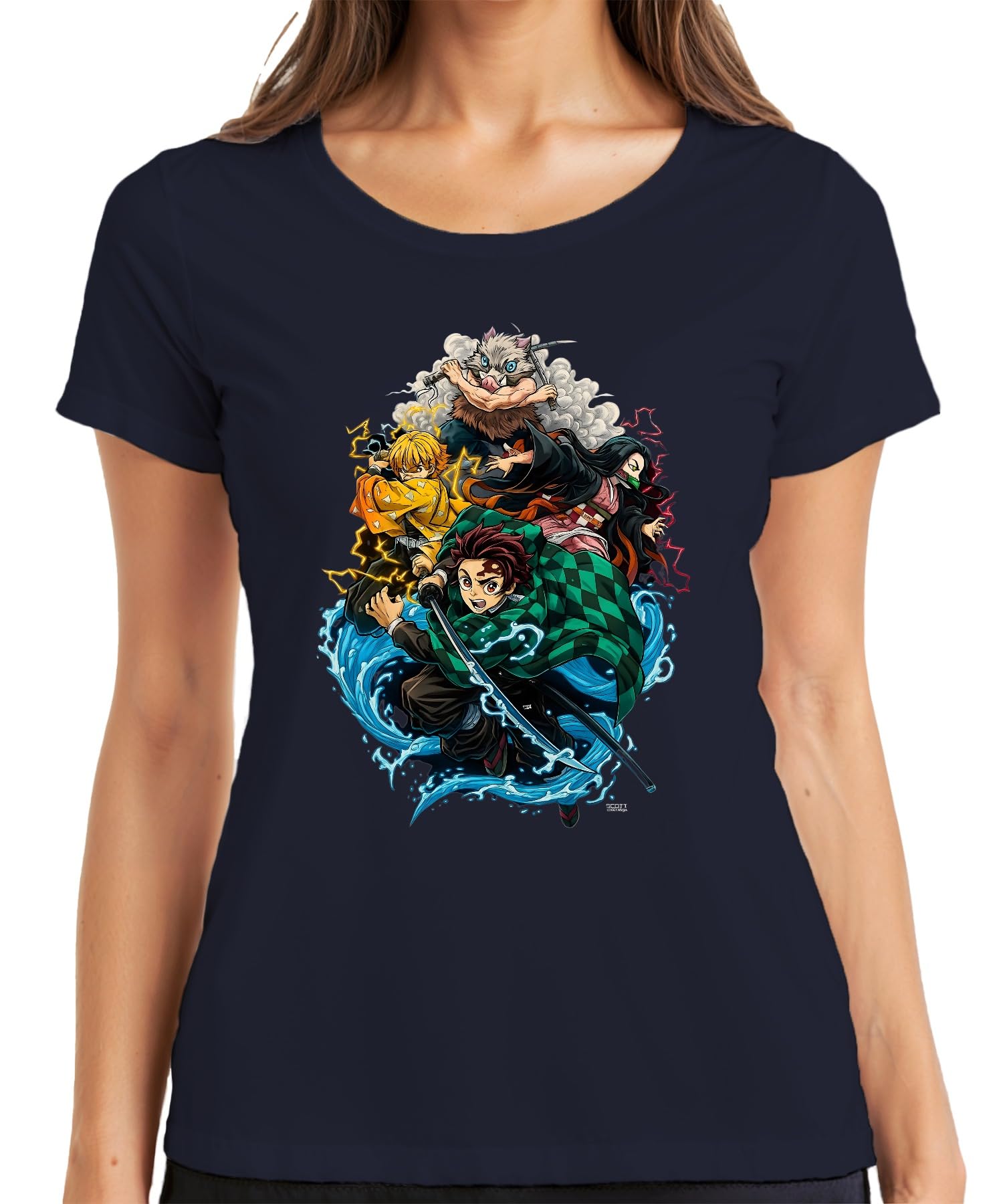 Printera Women's Navy Demon Slayer Kimetsu No Yaiba Tanjiro Nezuko Zenitsu Fan Gift T-Shirt, S