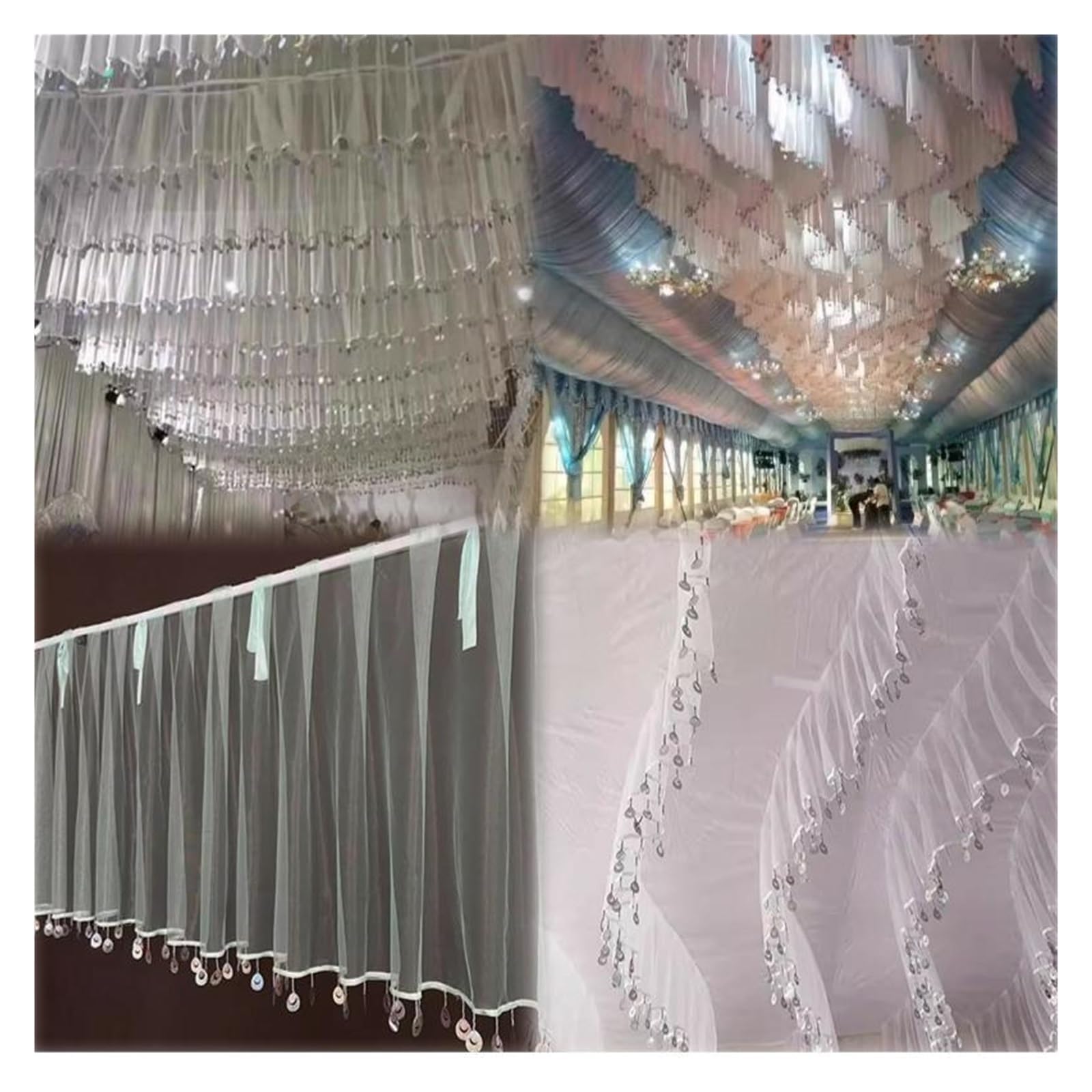 Rideau de Gaze Plafond Mariage, Ceinture à Paillettes, Pompon
