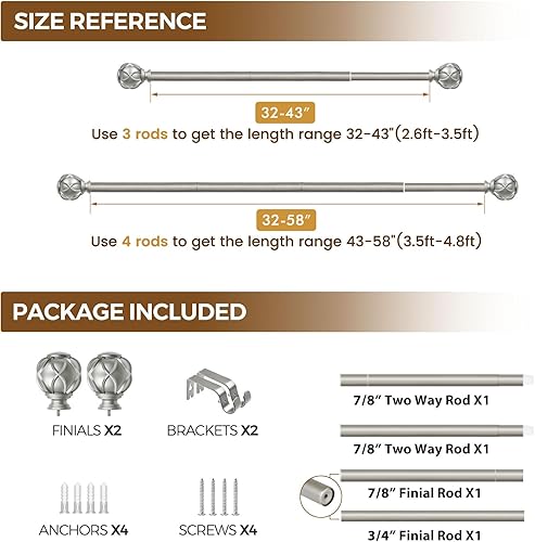 Miniatura 9 de KAMANINA Barras de cortina para ventanas, barra de cortina de plata antigua de 32 a 58 pulgadas (2.6-4.8 pies), barras de cortina ajustables