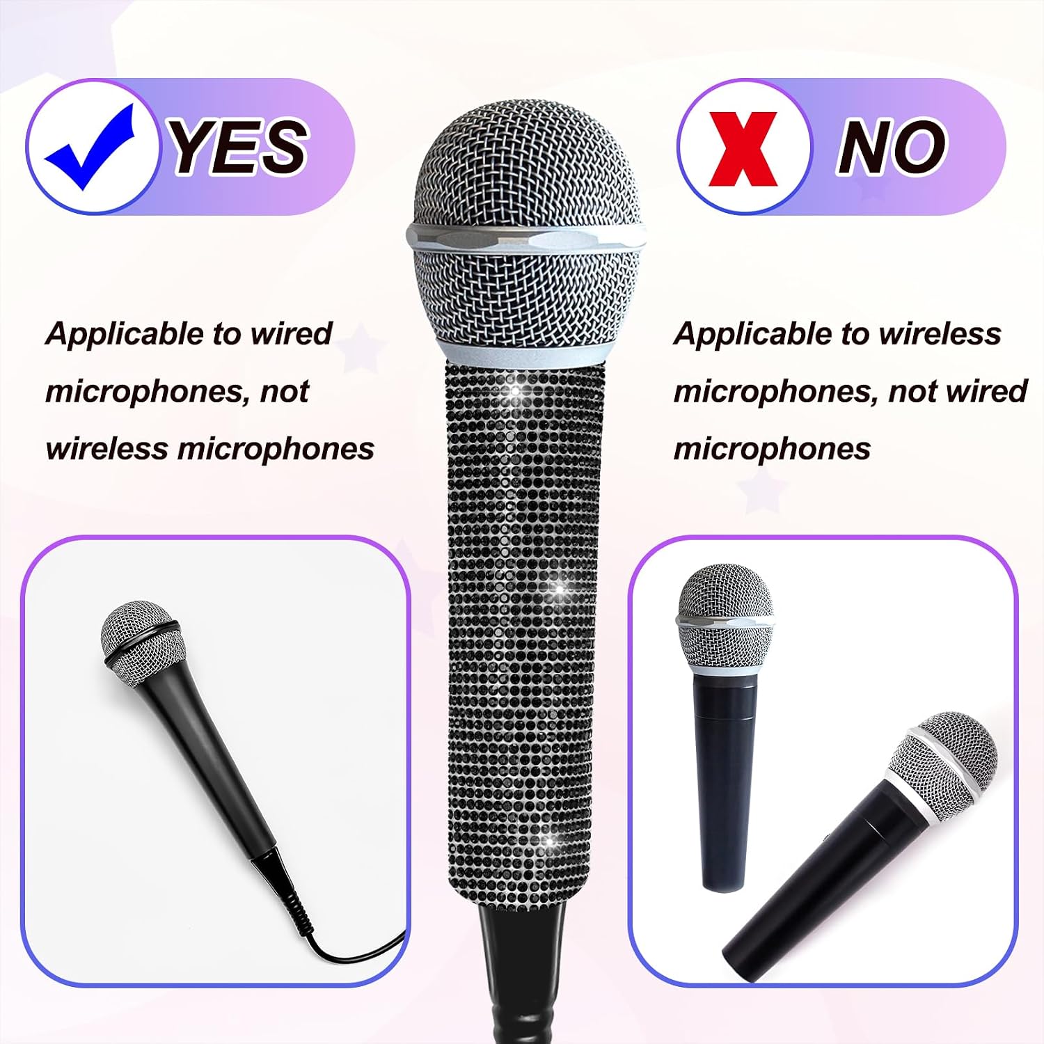 MECCANIXITY Black Mic Handle Cover, Rhinestones Microphone Handle for Most Universal Wire Microphones, Mic Not Included(with Black Bag)