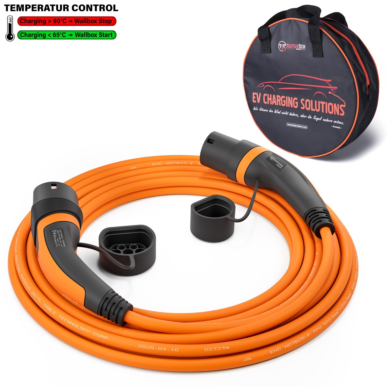 TEUTSCHTECH, Cavo di Ricarica EV Arancione I 10M I TYP2 - TYP2 I 11kW I 3X16A I trifase I Ultima Versione, con monitoraggio della Temperatura di Carica