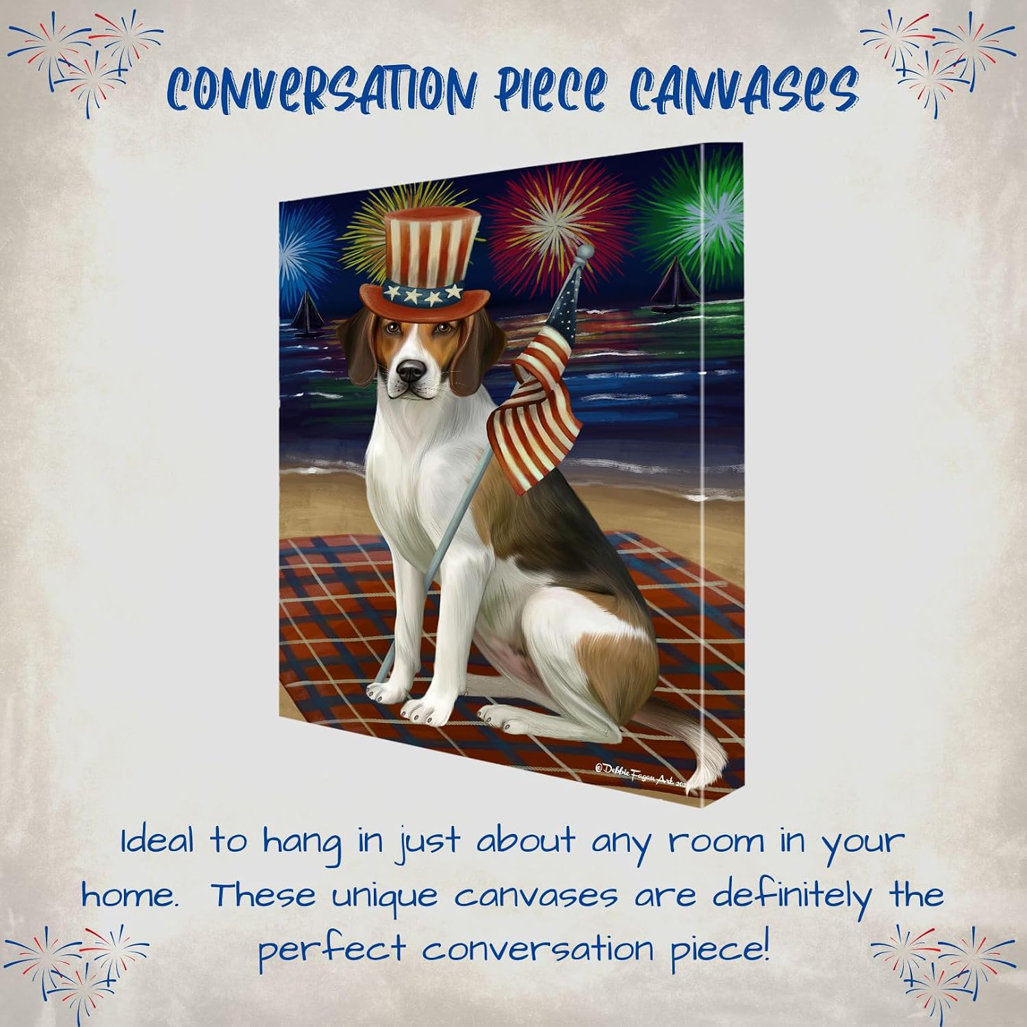 Doggie of the Day 4th July Fireworks with American English Foxhound Dogs Canvas Wall Art - Premium Quality Ready to Hang Room Decor - Flat Rolled 8" x 10"