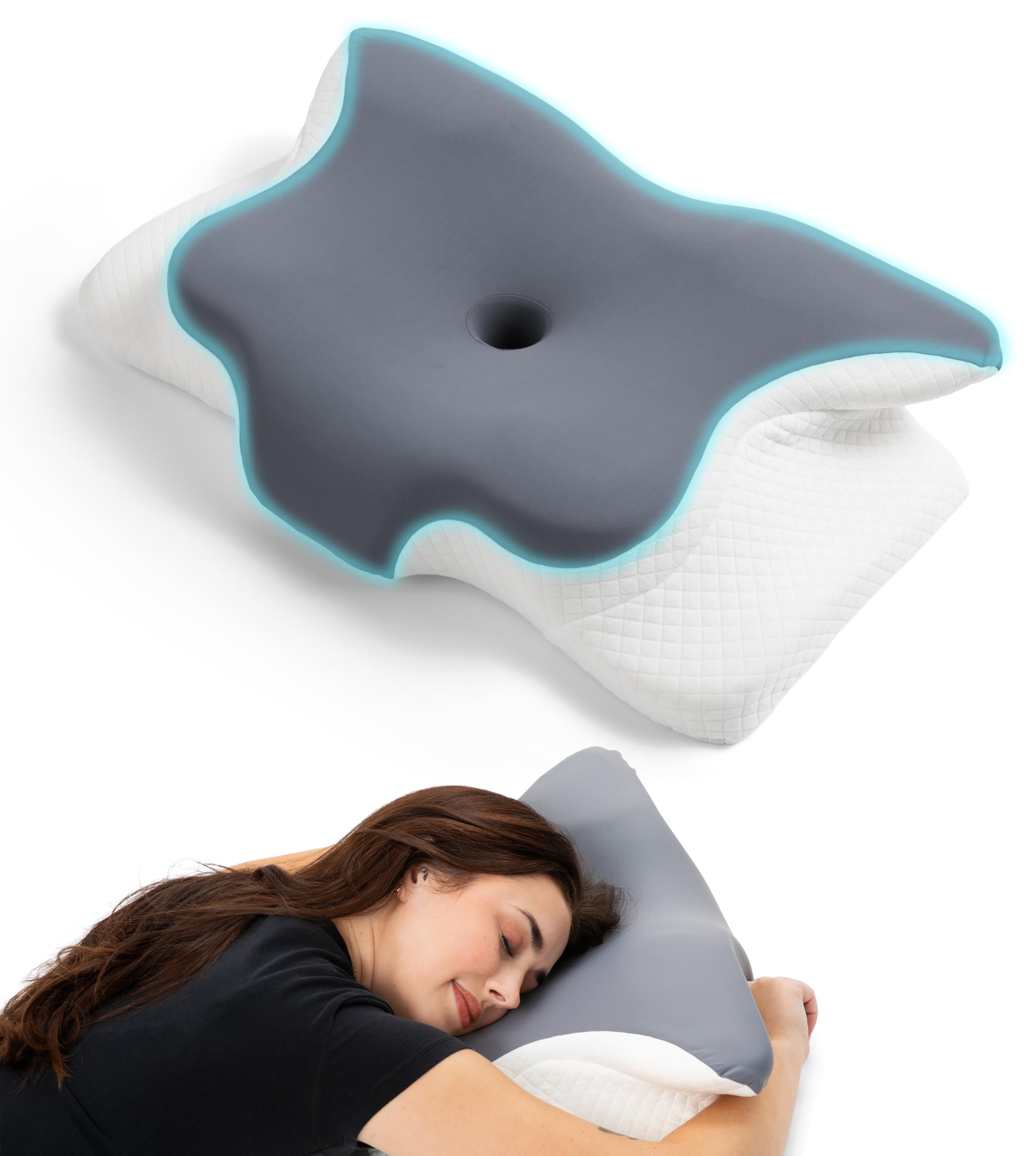 Ergonomic Memory Foam Side Sleeper Pillow with Arm Hole Butterfly Cervical Orthopedic Neck Support for Side Sleeping Reduces