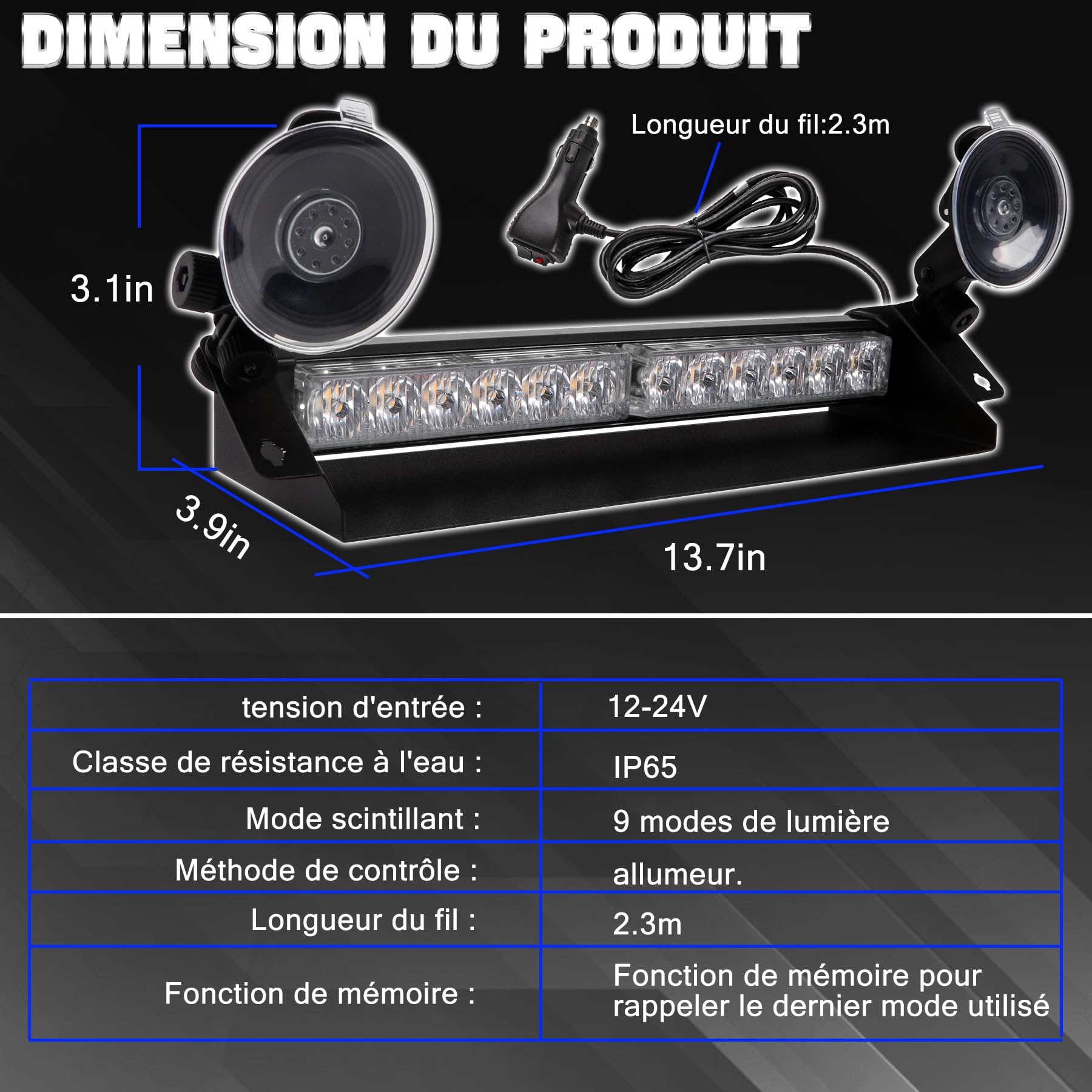 Gyrophare LED Bleu 35,6 cm 12V-24V, 12 LED, 9 Modes IP65 | Fixation par ventouse sur pare-brise, adaptée aux tracteurs, chariots élévateurs, camions et voitures, idéale par pluie