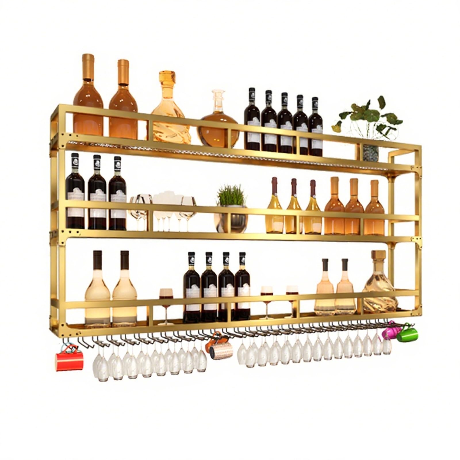 Estante De Vino LED Montado En La Pared,Botellero De Pared,Botellero Colgante De Hierro Forjado Para Botellas De Vino,Estante Multifuncional Para Exhibición De Vinos(Gold,80X90cm/31.5x35.4in)