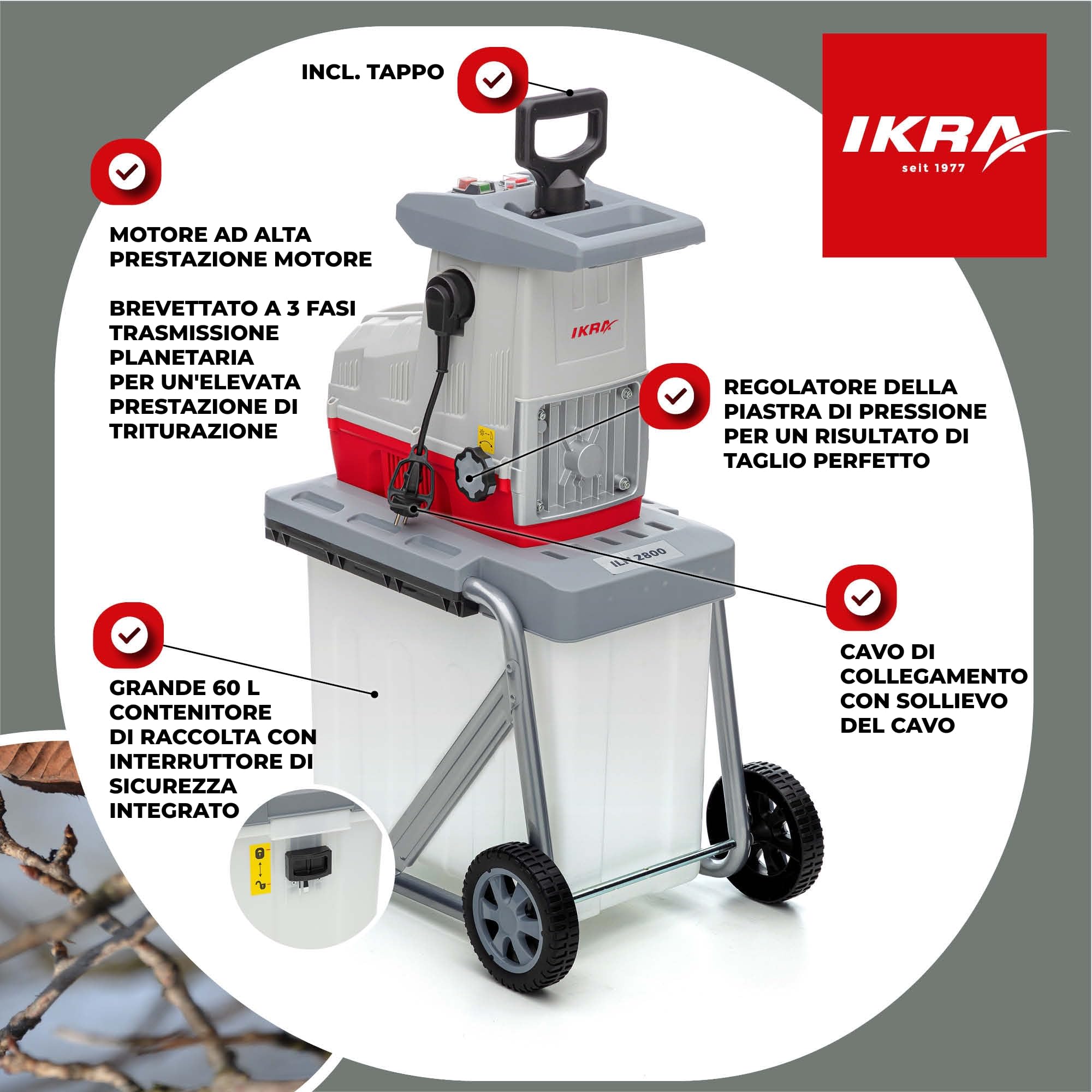 IKRA trituratore elettrica ILH 2800, silenzioso, robusto, 2800W, spessore dei rami fino a 44mm