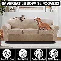Vista 4 de FestiCorp Funda de sofá de terciopelo, fundas para sofás con 3 cojines, fundas elásticas de 4 piezas, fundas gruesas para muebles para perros y Camel