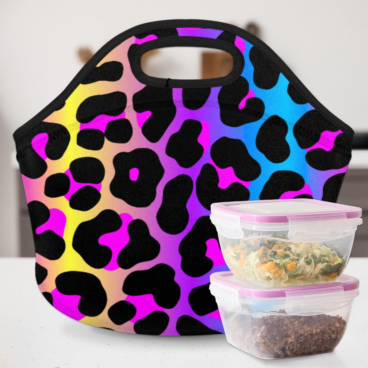 Rainbow Cheetah Leopard Skin Neoprene Small Lunch Bags Insulated Lunch Box for Women Men Girls Boy Lightweight Soft Lunch Tote Handbag for School Work Office Mini Cooler Thermal Meal Prep Bags - Image 6