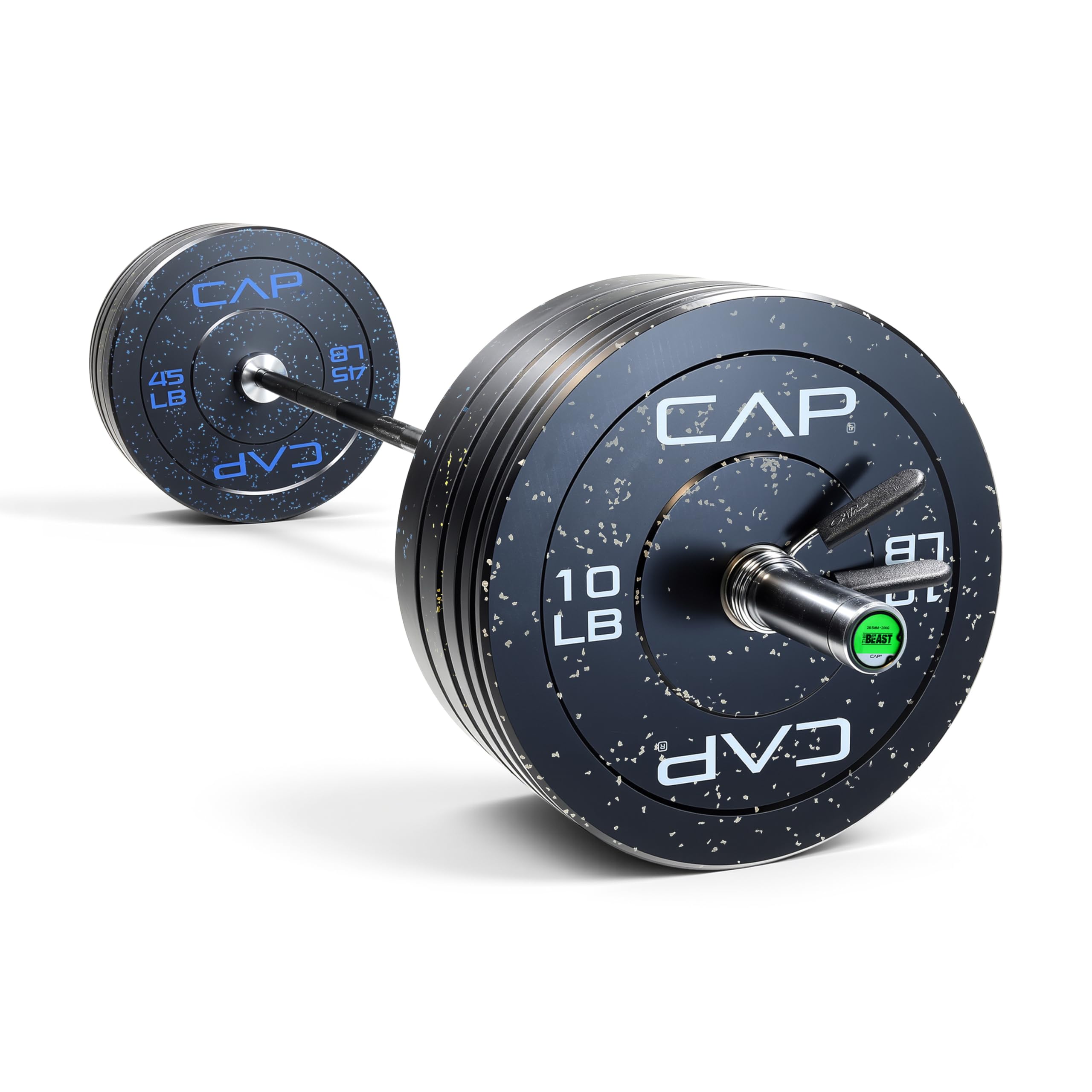 CAP Barbell 260 lb Economy - Speckled Olympic Weight Set with 7ft Black/Chrome Barbell &amp; Black Bumper Plates with Color Logo