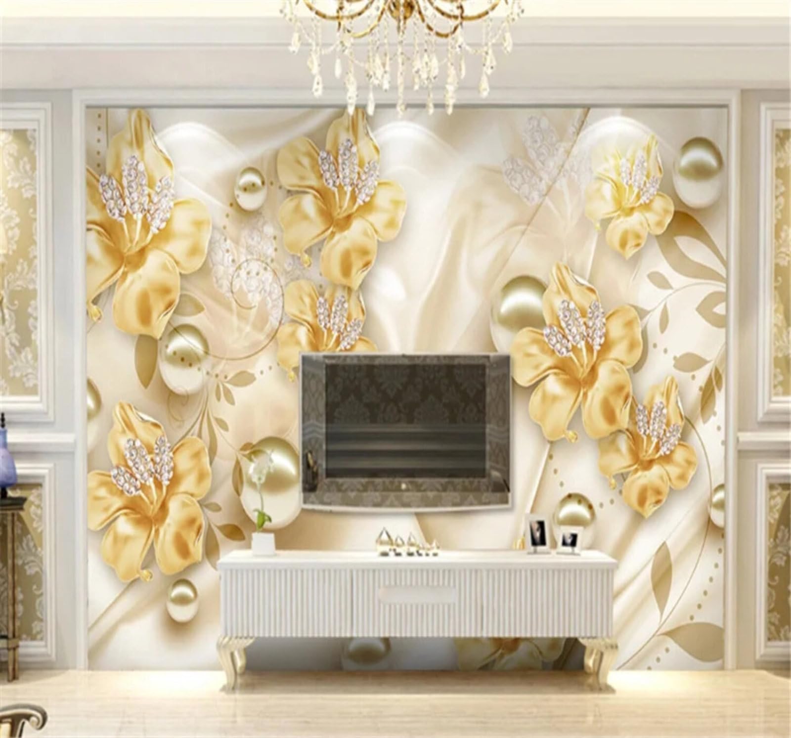 Tzxztt Minimalist Luxury Aesthetic Flowers Jewellery Modern 3D Wallpaper Premium Textured Silk Neutral Tones Material Ideal for Living Room Bedroom-400cm×280cm