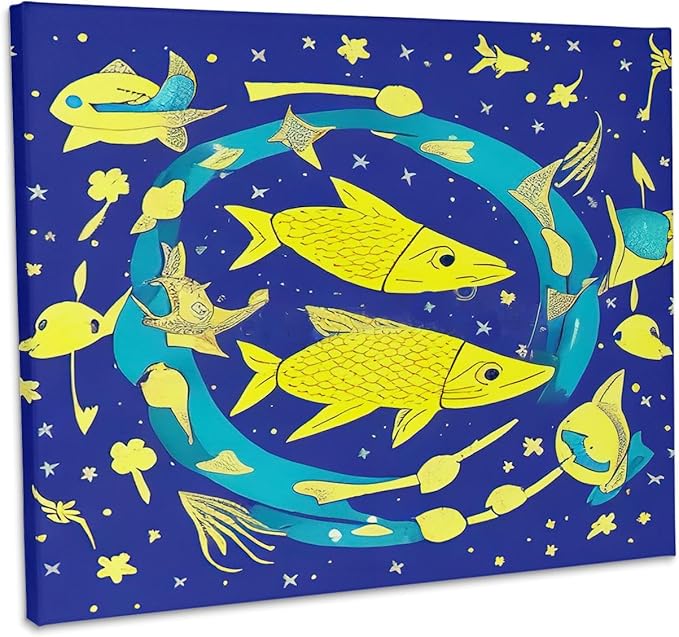 3dRose, Zodiac Sign Pisces Or Fishes In Yellow And Blue As Viewed By AI, Museum Grade Canvas Wrap 14x11