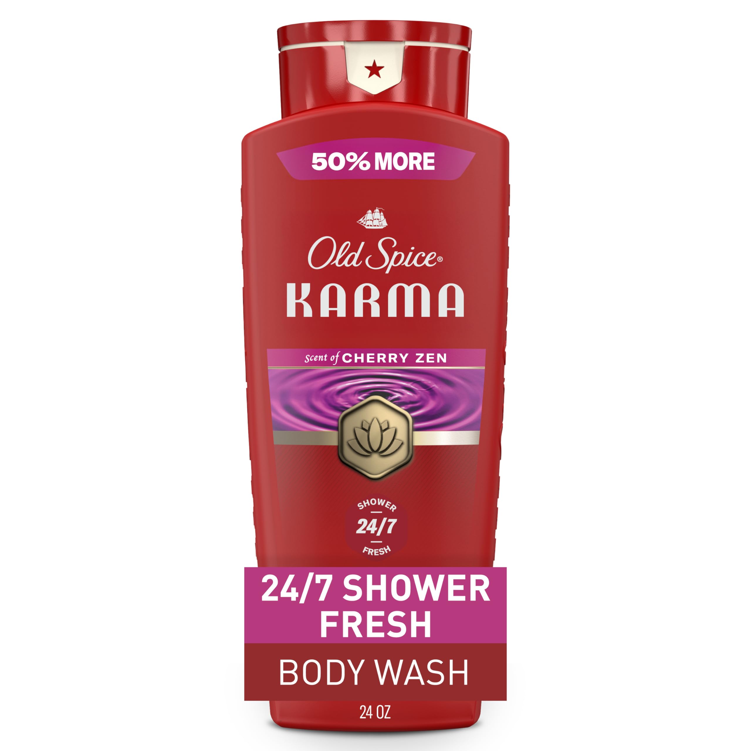 Old Spice Body Wash for Men, 24/7 Shower Fresh & Clean w/Daily Use, Lasting Signature Scent, Refreshing Lather, Moisturizing Formula, Karma with Cherry Spice, Black Pepper, & Sandalwood Scent, 24 oz Karma with Cherry Spice, Black Pepper, & Sandalwood 24 Ounce (Pack of 1)