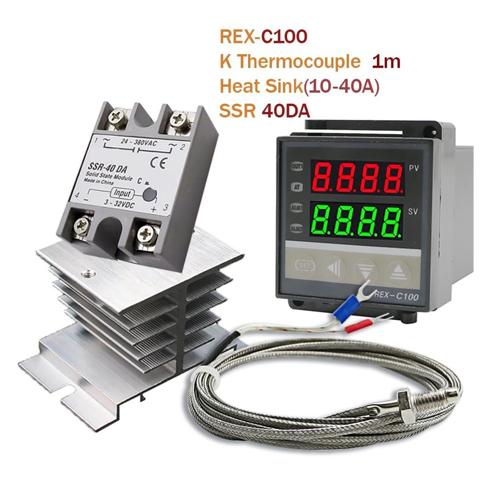 Cyfrowy termostat regulatora temperatury PID REX-C100 + Max 40A SSR SSR-40DA przekaźnik + termopara K M6 sonda 1M z radiatorem