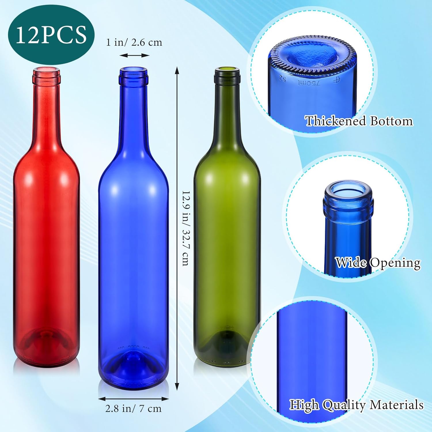 Zhehao 12 Pcs Decorative 750ml Empty Wine Bottles Summer Colored Glass Bottles for Bottle Tree for Garden Outside Home Room Spring Summer Party Outdoor Indoor Decor (Red,Blue,Green)