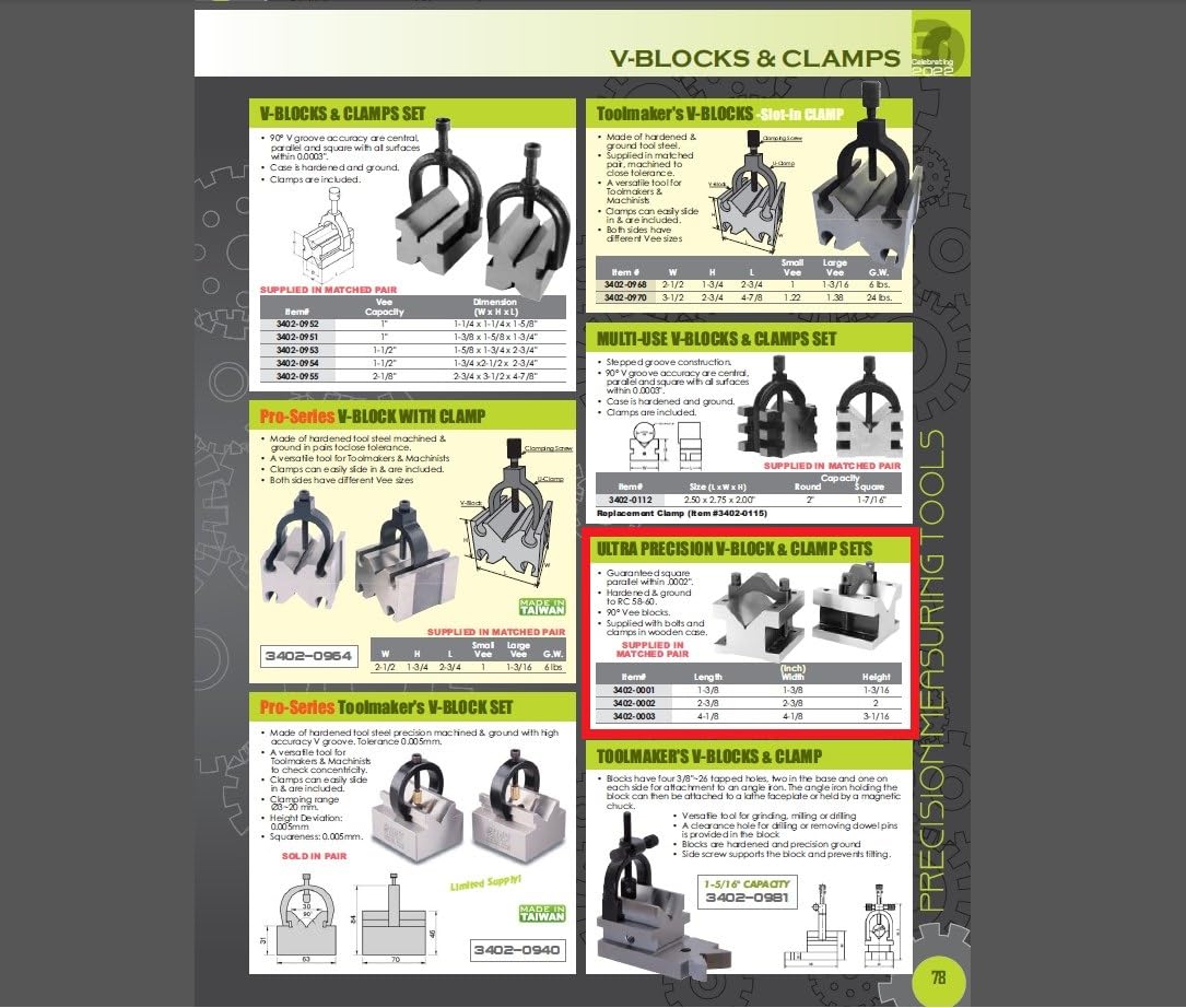 HHIP 3402-0001, 1-3/8 L X 1-3/8 W X 1-3/16 H Precision V-Block & CLAMP Set