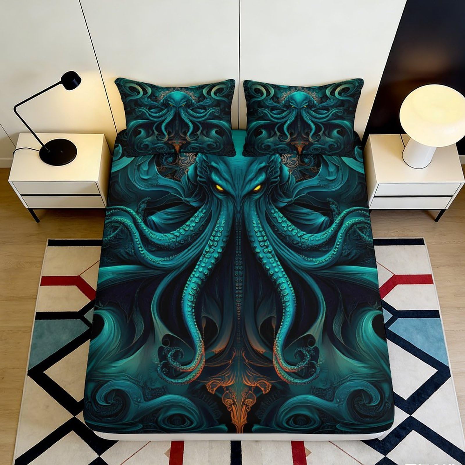 3D Printed Cthulhu Octopus Fitted Sheet Microfiber Deep Blue Artistic Bed Cover Anti-slip Machine Washable Bedroom Decor 90x200x25cm