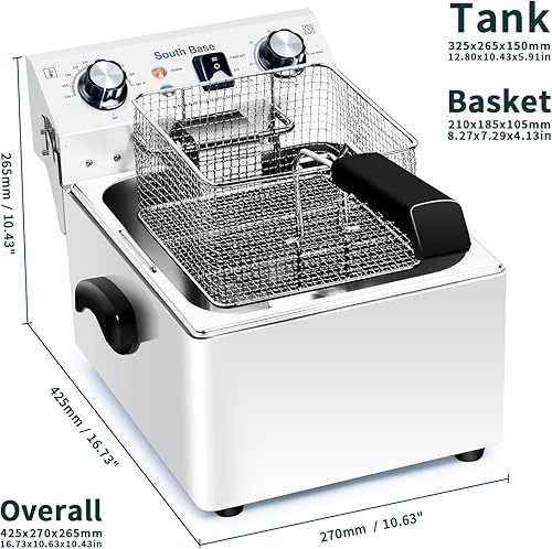 Miniatura 6 de South Base Freidora eléctrica comercial con canasta, temperatura y tiempo ajustables para pollo frito, papas fritas, alas, 110 V, 1750 W (2.65