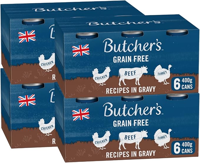 BUTCHER'S Grain Free Recipes in Gravy Wet Dog Food Tin Cans Variety pack, 9.6kg (24 x 400g