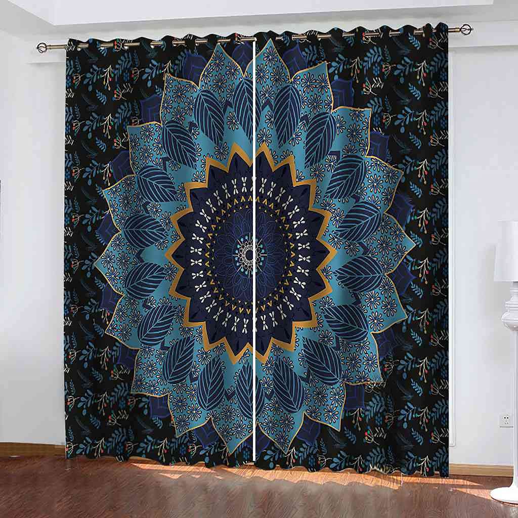 Rideau de fenêtre bleu floral grand format pour la décoration du salon familial
