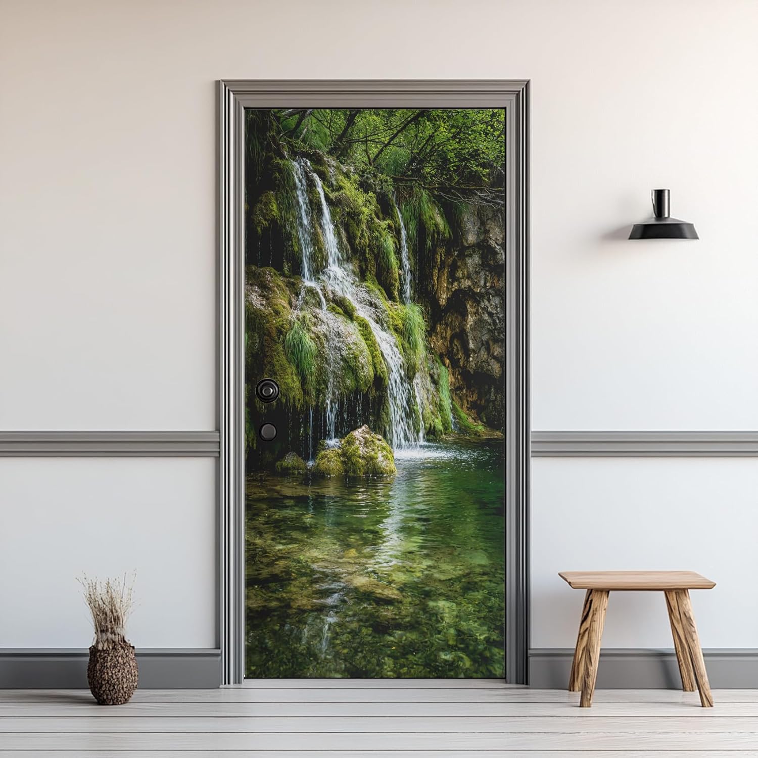 Waterfall Door Mural Self-Adhesive, Mountain Lake Door Sticker, Natural Landscape Wallpaper Removable PVC Waterproof, Decals for Bedroom Living Room Decor 37.4" W x 78.7" L