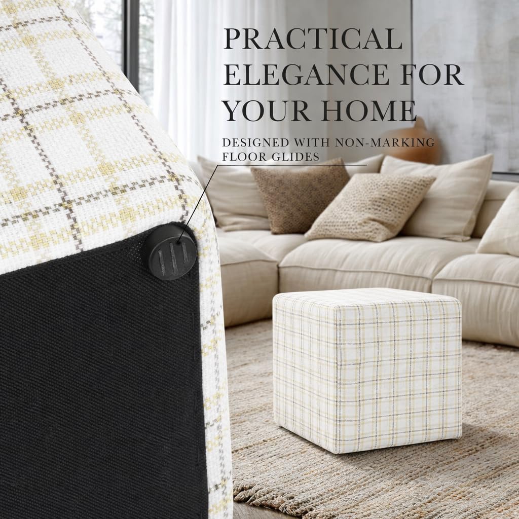 HomePop 19” Square Upholstered Ottoman with Solid & Engineered Wood Frame, Modern Cube Accent Stool for Living Room, Bedroom or Entryway - Natural Plaid Woven Fabric