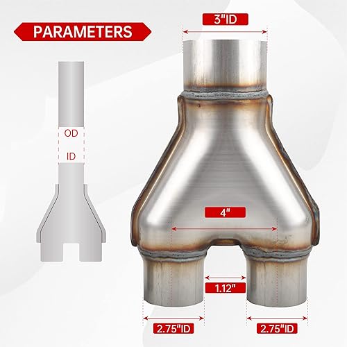 Miniatura 2 de Tubo en Y de acero inoxidable T409 3 pulgadas ID individual a 2.75 pulgadas ID Conector adaptador de escape con sello doble, longitud total aprox.