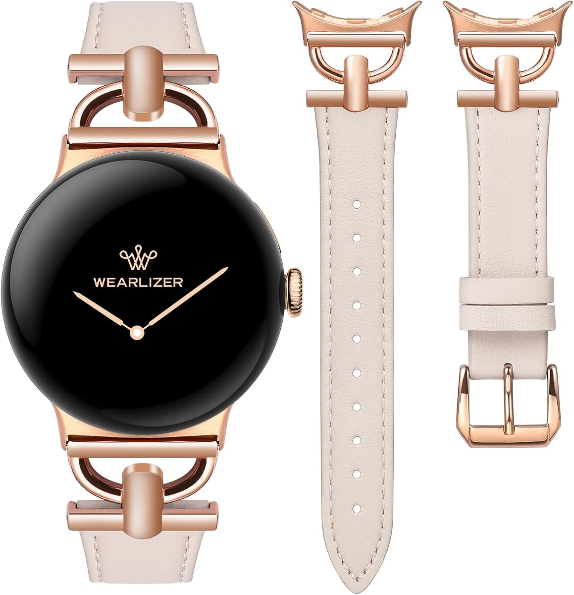 Wearlizer Leather Bands Compatible with Google Pixel Watch Band Women | Dressy Designer Slim Leather Strap with D-Shape Metal Buckle for Pixel Watch 4/3 41mm/Pixel Watch 2/1 Accessories