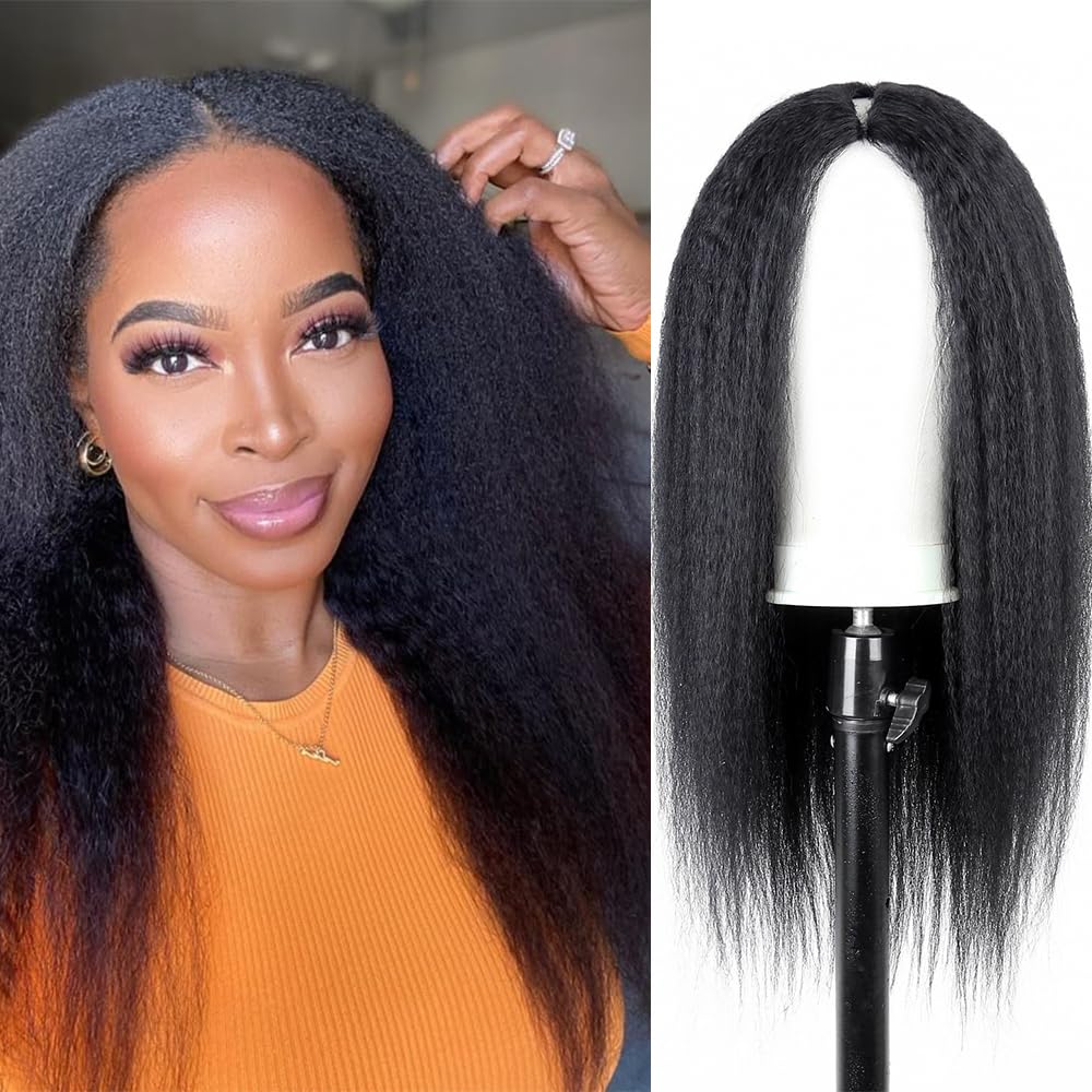 V Part Wig Human Hair 18 Inch Kinky Straight V Part Wig Human Hair With Drawstring 180% Density Upgrade Glueless Wig Human Hair No Leave Out V Part Wig Natural Black
