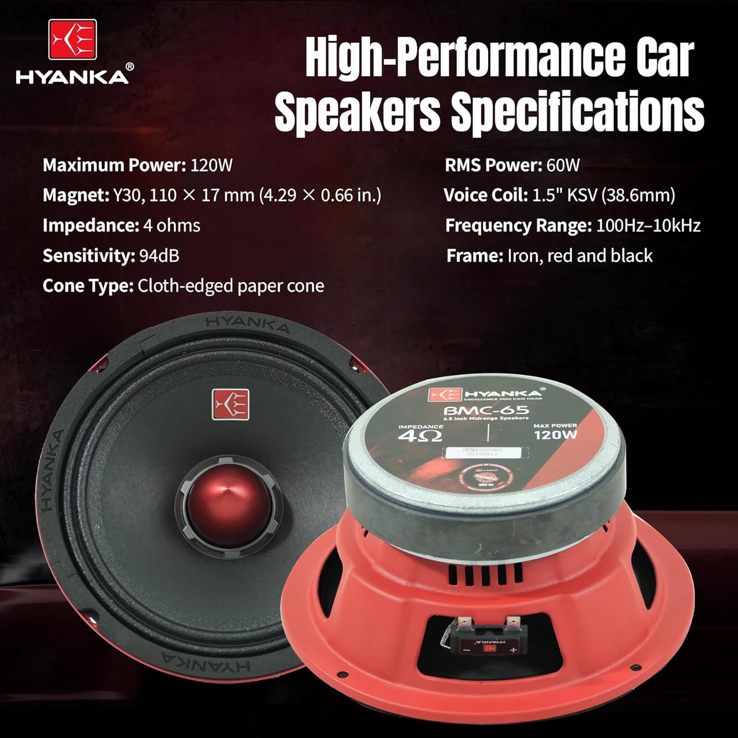 H YANKA 6.5 Midrange Speakers Car Audio, 480 Watts 4 Ohms Bullet Design Door Speakers with Red Steel Basket, Distortion-Free Sound, Ideal for Cars, Trucks, and More. (1 Pair)