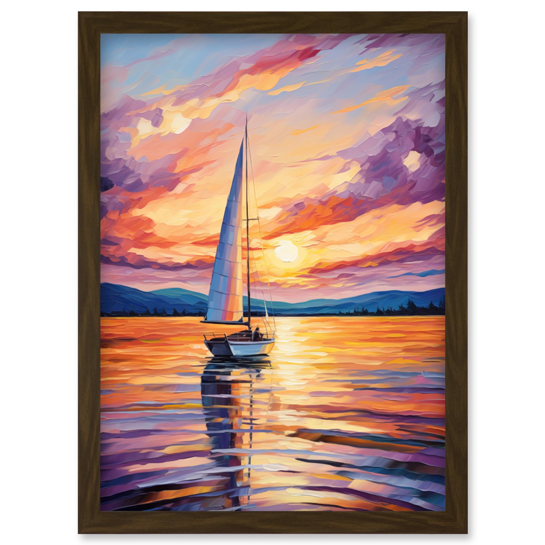 Artery8 Sunset Sailing Vibrant Oil Painting Orange Purple Blue Bathroom Artwork Sail Boat Seascape Artwork Framed Wall Art Print A4