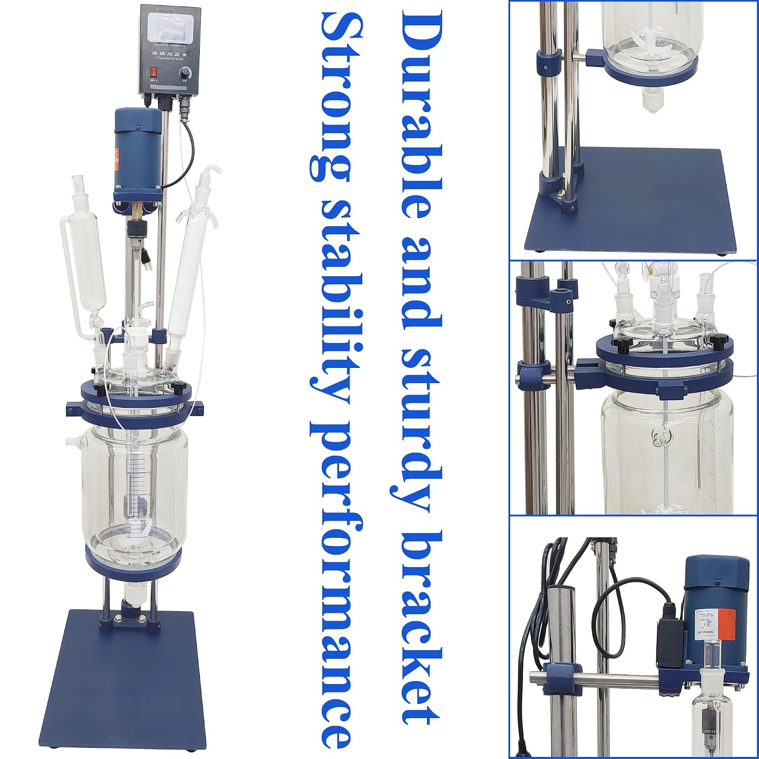 Glass Reactor Chemical Glass Jacketed Reactor Vessel Digital Display Vessel Device Double-Layer Lab Reactor with Support Frame Adjustable Speed for Lab Reaction Distillation 5L 110V