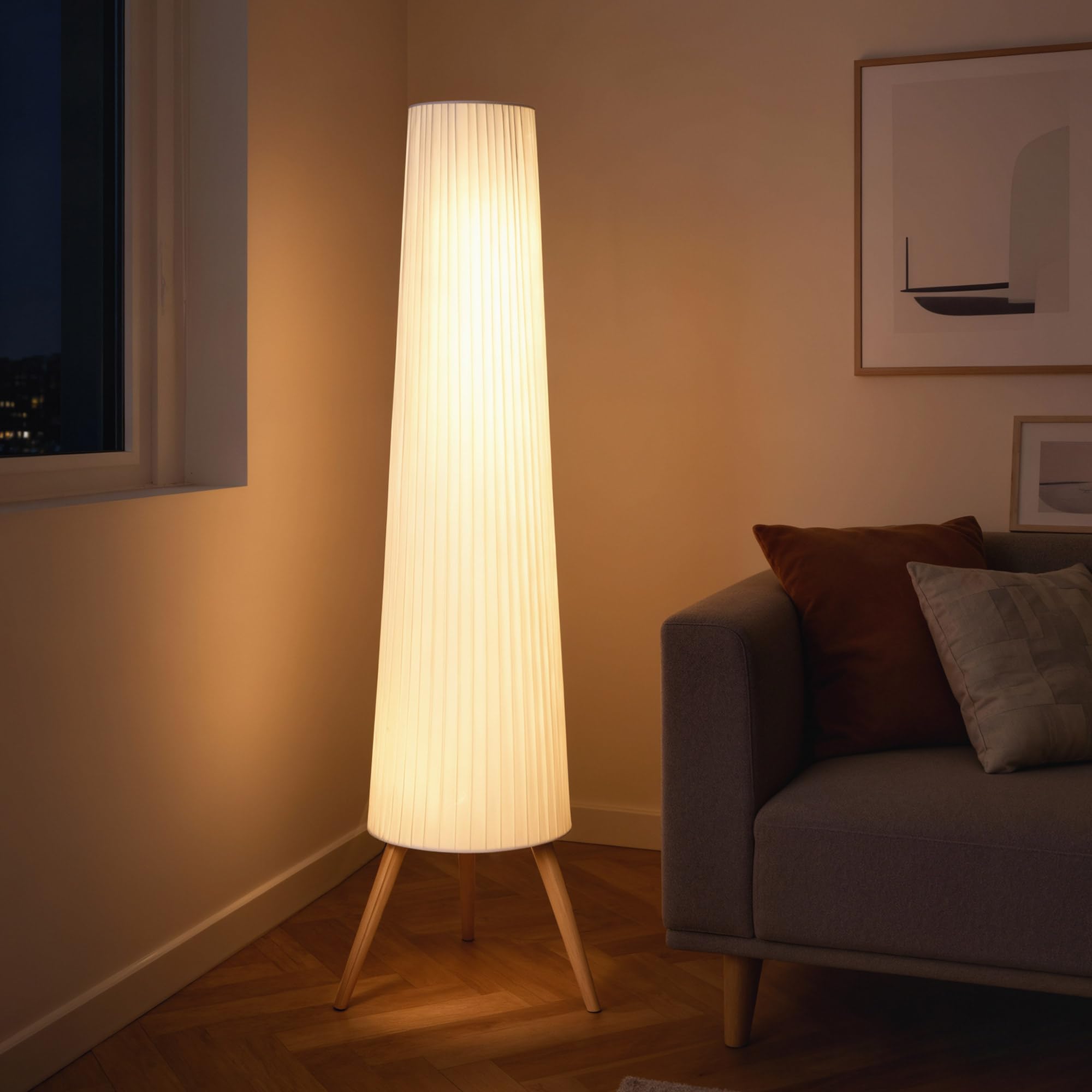 HOMCOM Lampada da Terra Treppiede con Interruttore a Pedale, Lampada a Pavimento con Luminosità Regolabile, Paralume in Tessuto e Gambe in Legno, per Salotto e Soggiorno, 46x46x153 cm, Bianco