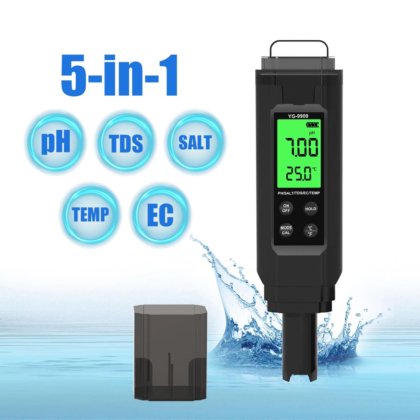 5 in 1 tester dell'acqua di Digital del misuratore di temperatura di salinità per l'ambiente portatile idroponico