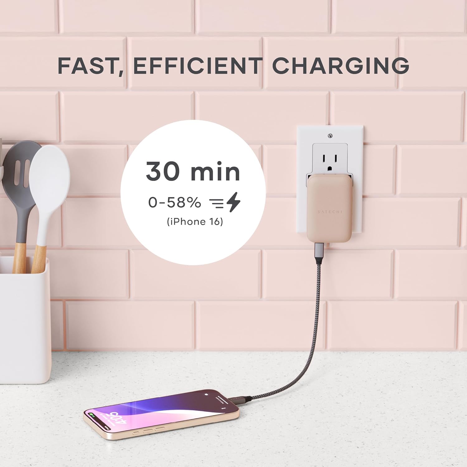 Satechi OntheGo 67W Wall Charger, GaN USB-C Travel Charger (PD 3.0+PPS), 2 USB-C, 67W(1)/45W+20W(2), for MacBook Air/Pro M5, iPad Air/Pro M5, iPhone 17/16, Galaxy S25/S24, Steam Deck - Desert Rose