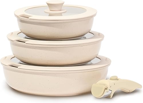 Vista 8 de ESLITE LIFE Juego de sartenes antiadherentes de cerámica con tapas y mango desmontable, sartenes de cocina no tóxicas para tortilla de huevo, Negro