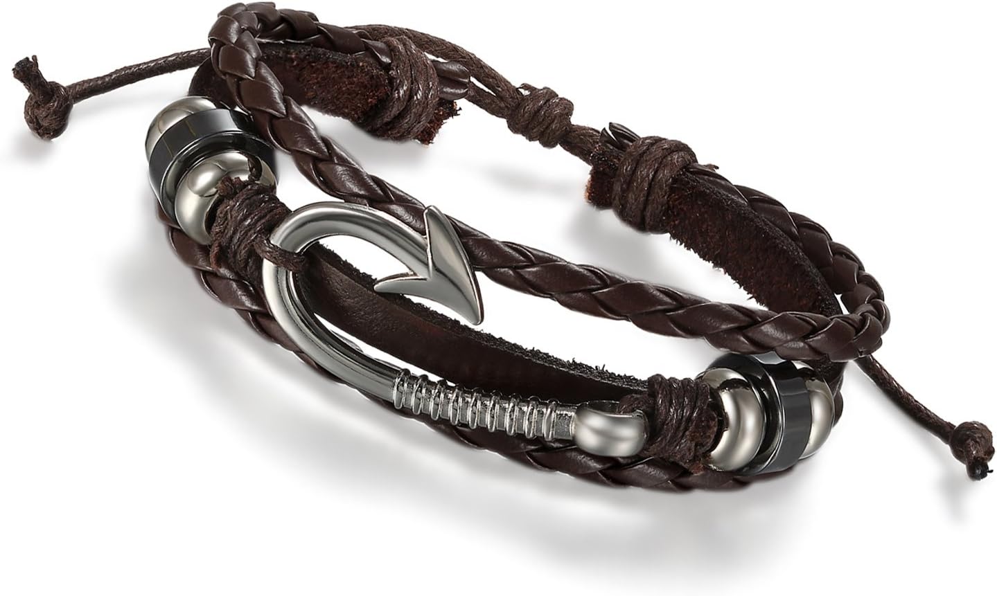 Flongo Men's Womens 2PCS Tribal Nautical Fish Hook Leather Wrap Bangle Cuff Bracelet, Fit 8-10 inch Wrist, Braided Wrap Rope Wristband for Men Women