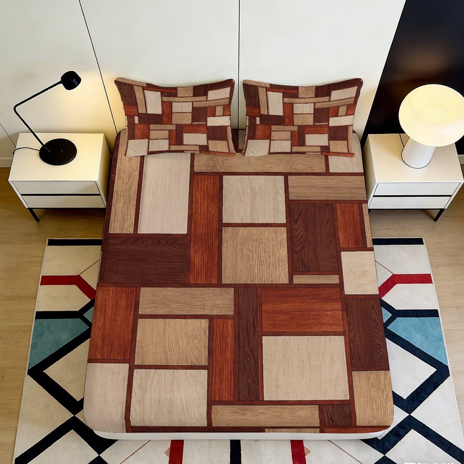 3D Printed Geometric Patchwork Fitted Sheet Microfiber Soft Brown Block Bed Cover for Bedroom Dorm Mattress Decor 90x200x25cm