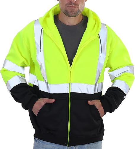 sesafety Sudadera de seguridad de alta visibilidad para hombre, sudadera con capucha reflectante con cremallera clase 3, sudadera con capucha de