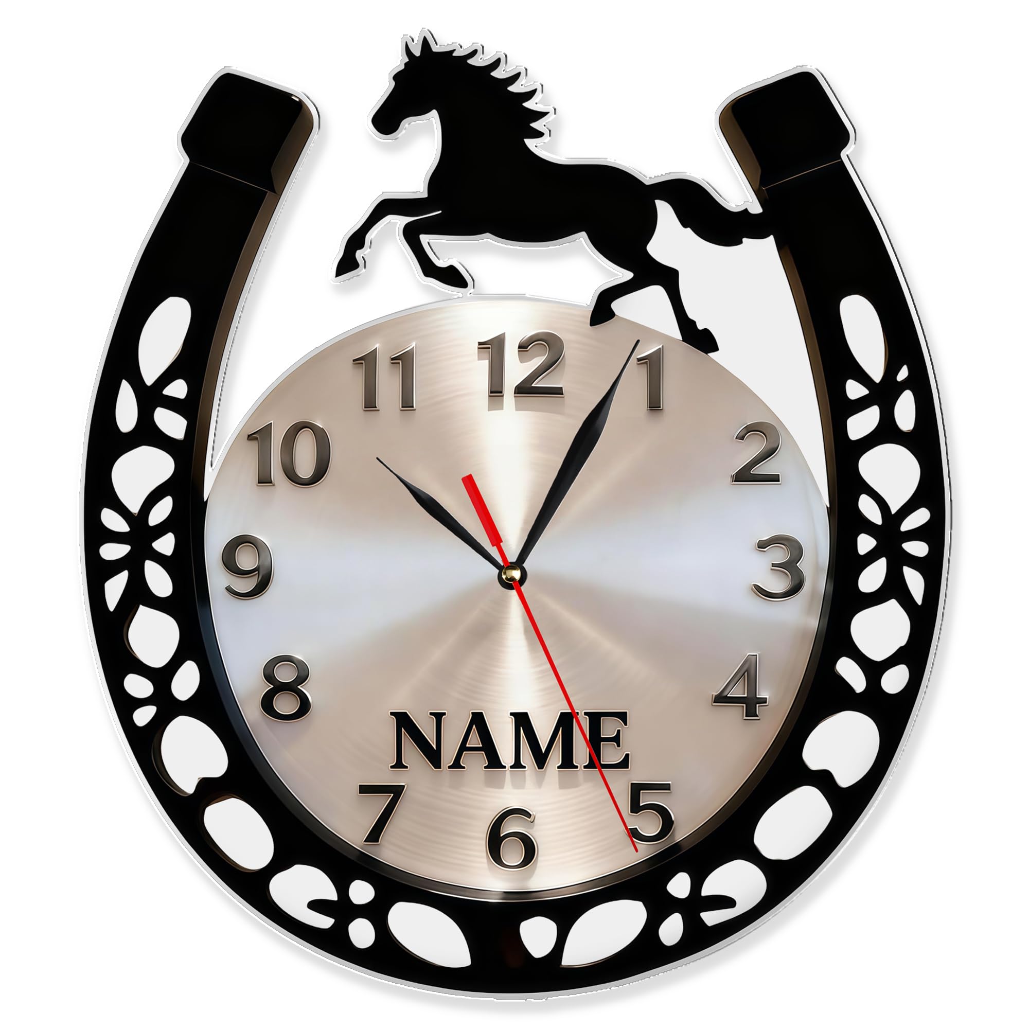 SosnSusn Personalized Horseshoe Wall Clock Custom Name Horseshoe Themed Clock, 2D Acrylic Horse Wall Art Decor for Home Bedroom Living Room Office, Christmas Anniversary Birthday Gifts for Men Dad
